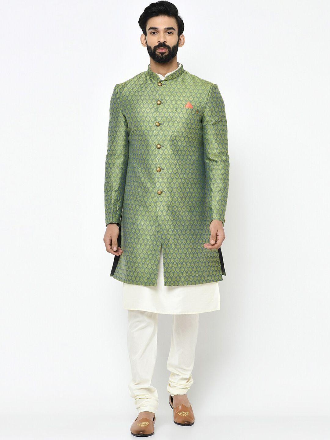 kisah-men-white-&-green-woven-design-sherwani-set