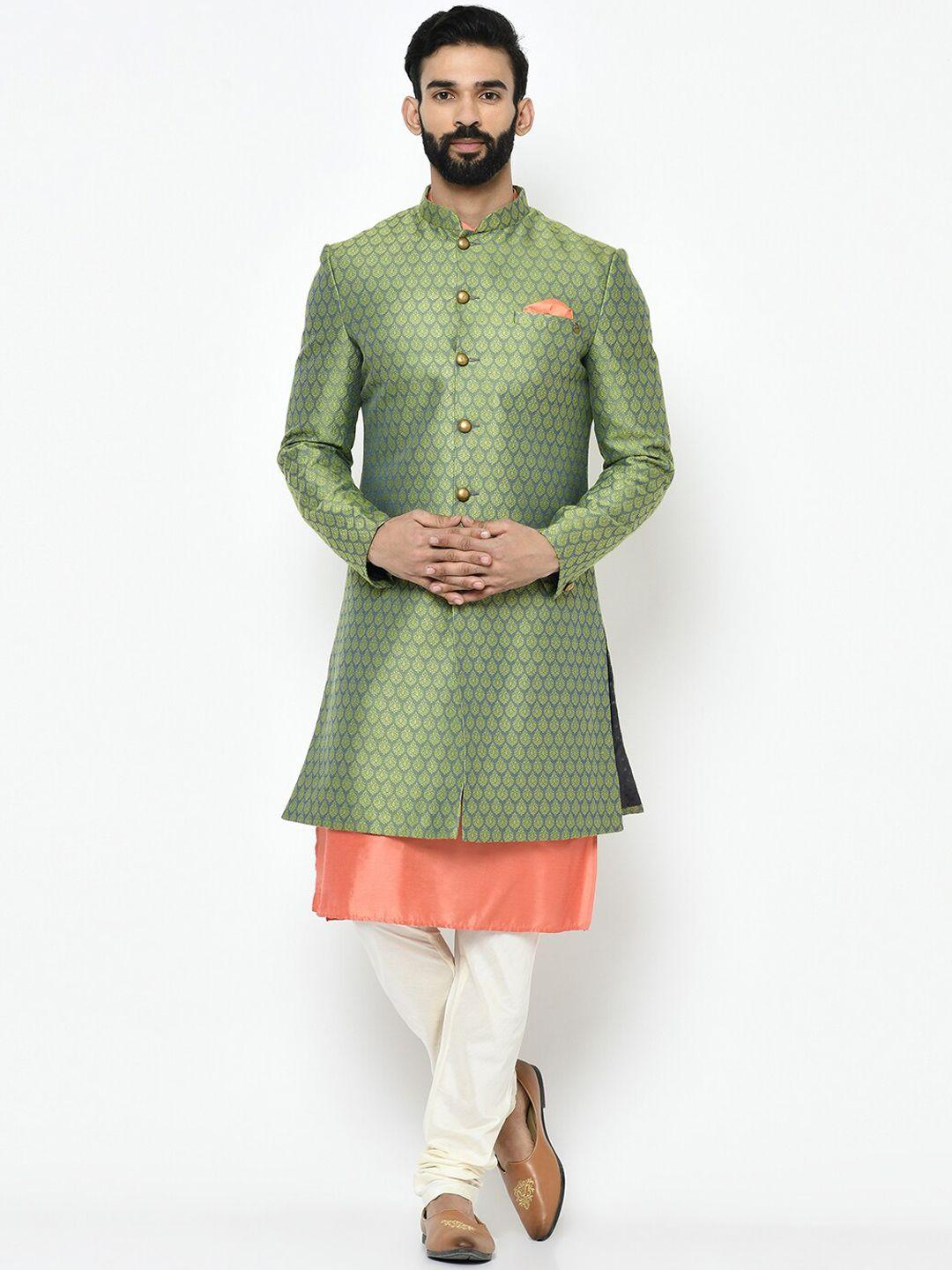 kisah-men-green-&-orange-self-design-sherwani-set