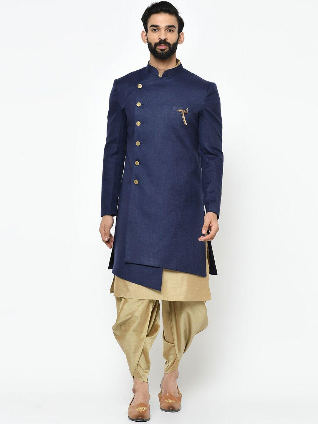 KISAH Men Navy Blue & Gold-Coloured Sherwani With Achkan