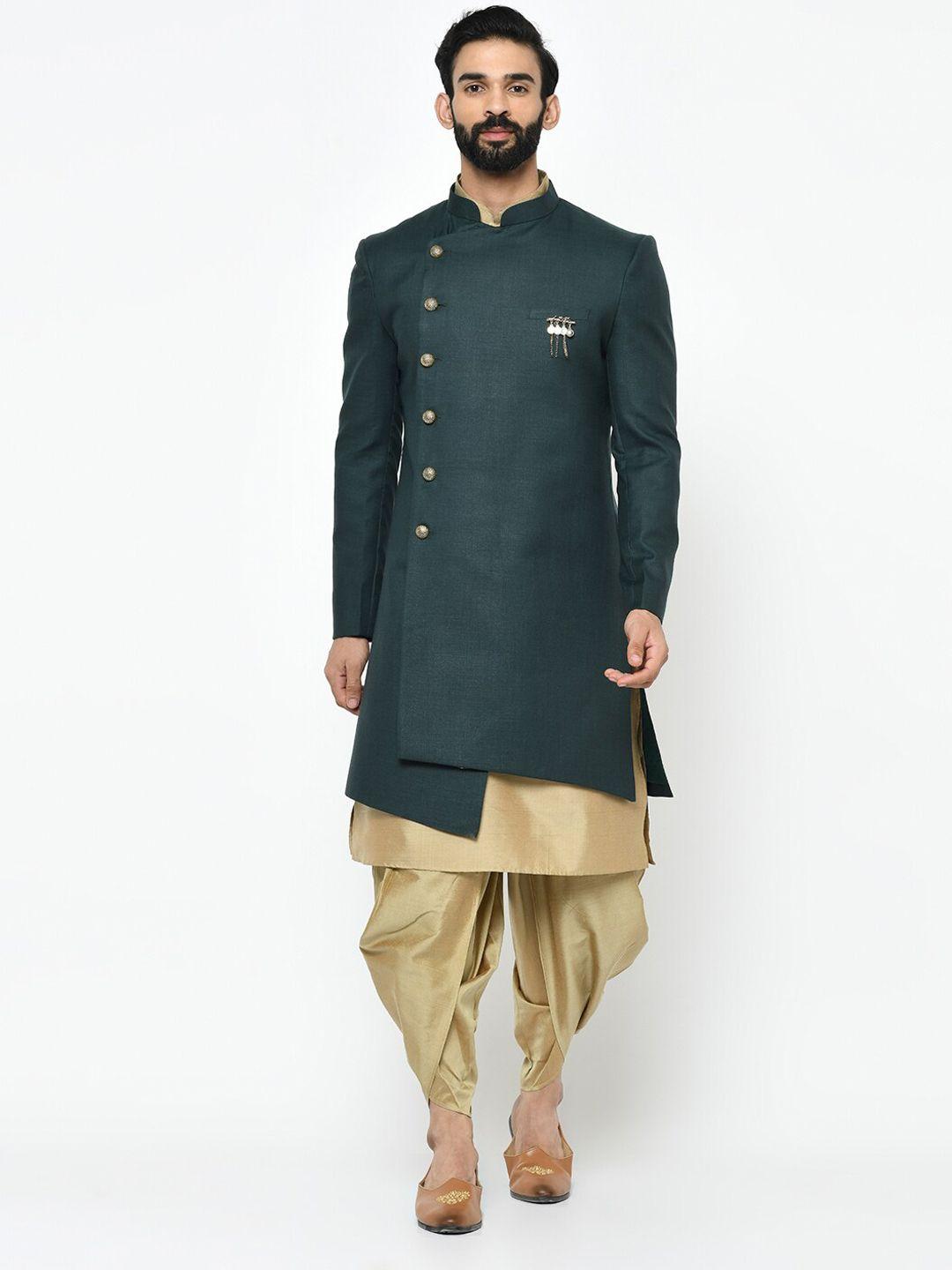 kisah-men-green-&-gold-toned-solid-sherwani-set
