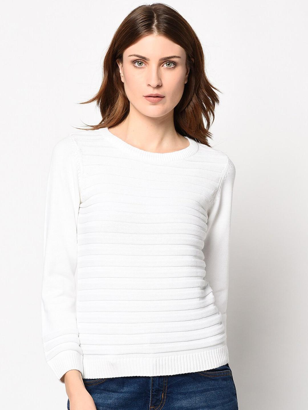 98 Degree North Women White Striped Pullover Sweater