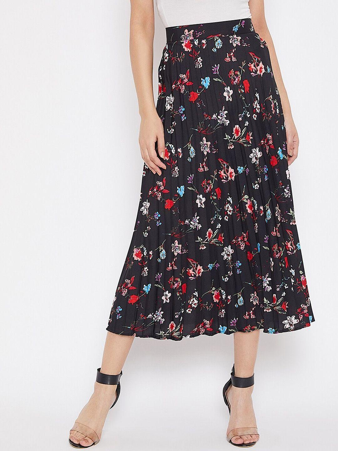 Uptownie Lite Women Black & Red Floral Printed Accordion Pleated Flared Skirt