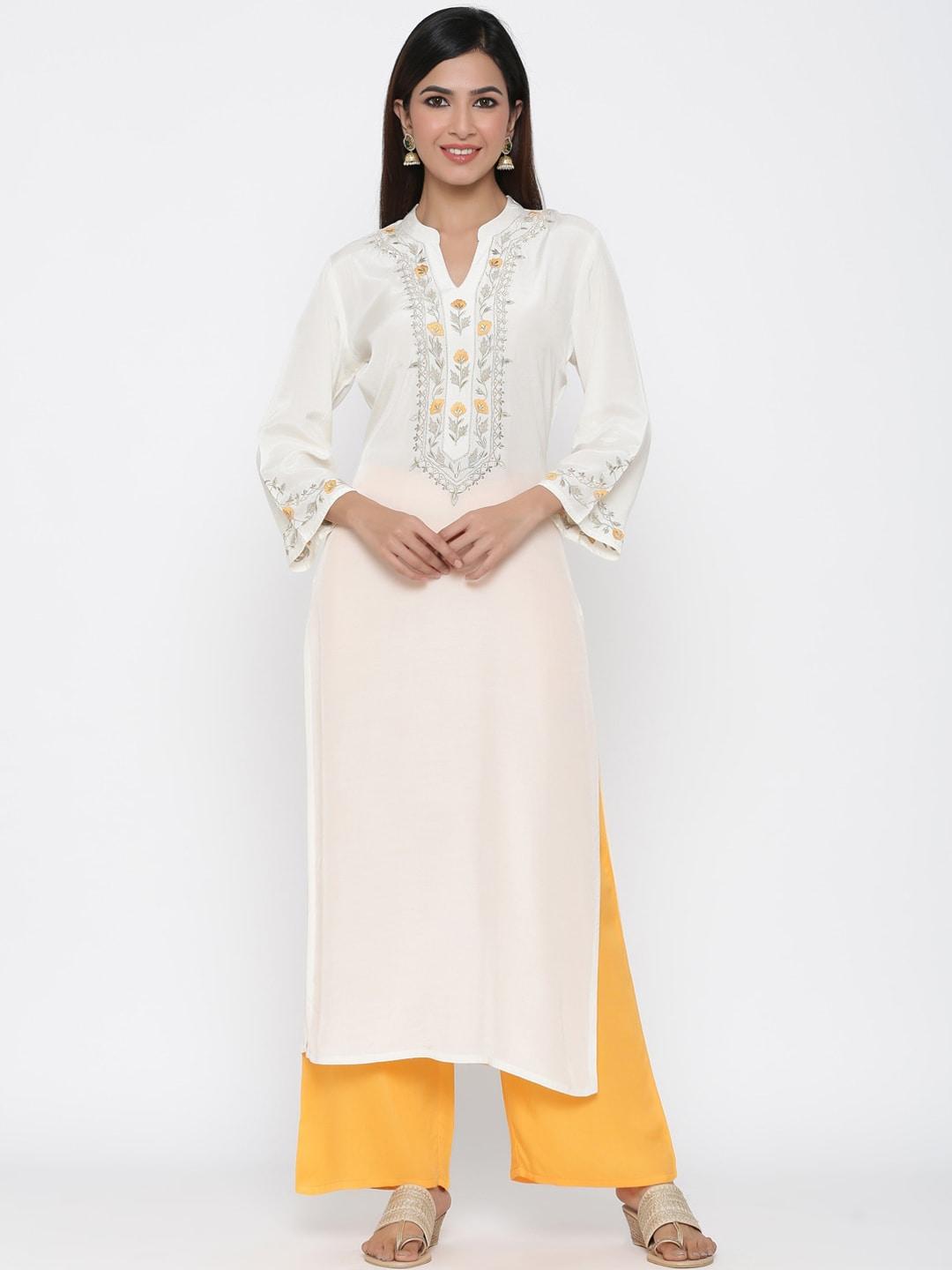 Jaipur Kurti Women Off-White & Yellow Embroidered Kurti with Palazzos