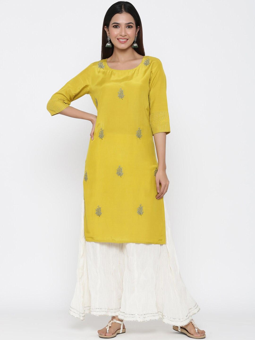 Jaipur Kurti Women Lime Yellow & White Floral Embroidered Kurta with Palazzos