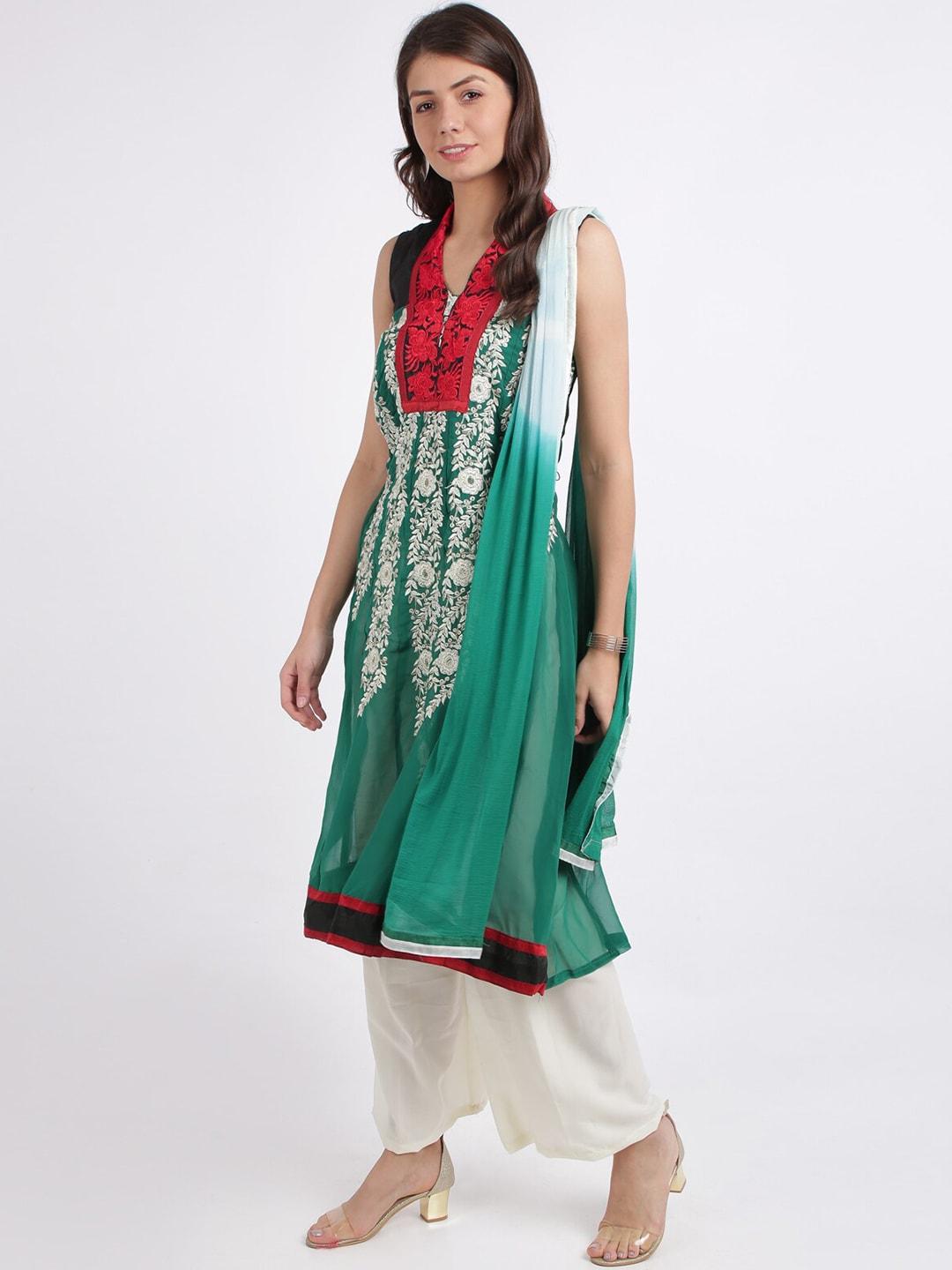 Silk Bazar Green & Off-White Poly Georgette Semi-Stitched Dress Material
