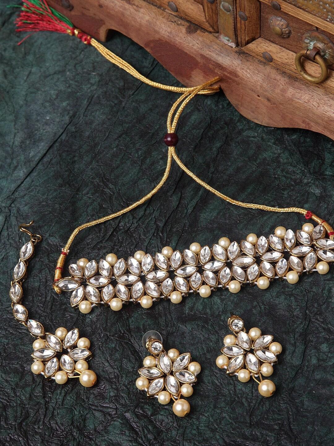 Shining Diva Gold-Plated White & Cream-Coloured Kundan Studded Beaded Antique Jewellery Set