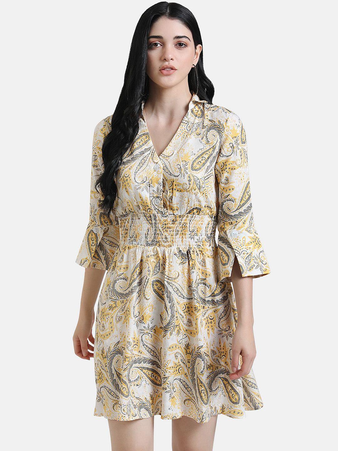 kazo-women-white-&-yellow-printed-fit-and-flare-dress