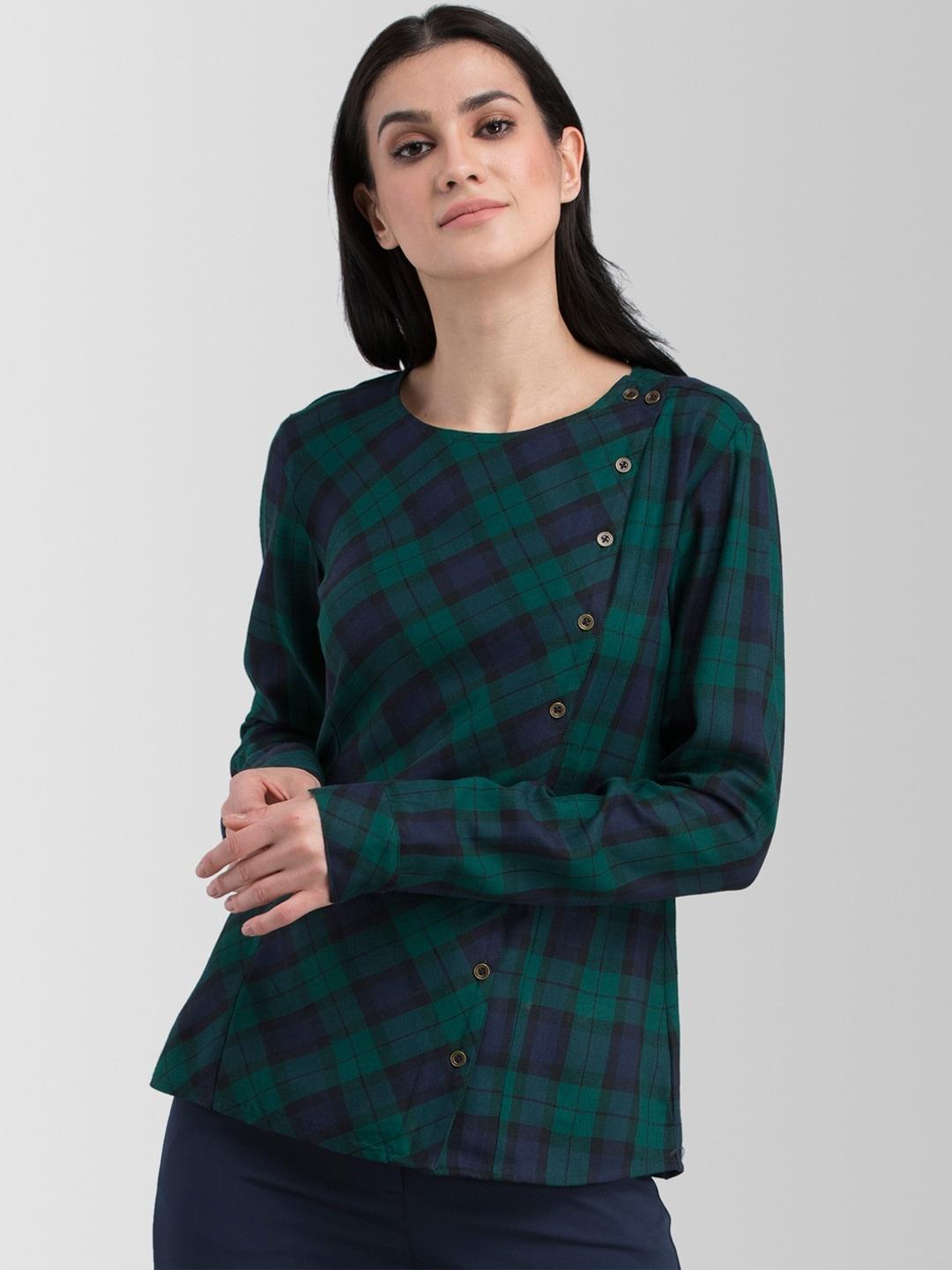 fablestreet-women-green-&-navy-blue-checked-top
