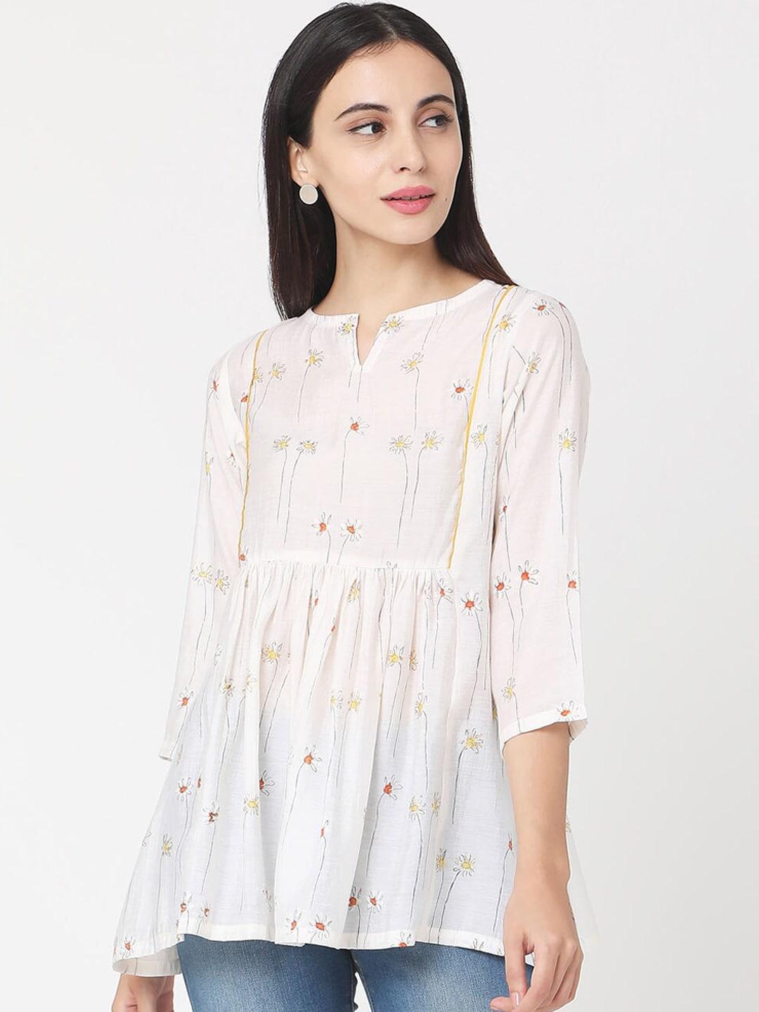 Saanjh Women White & Yellow Floral Printed Tunic