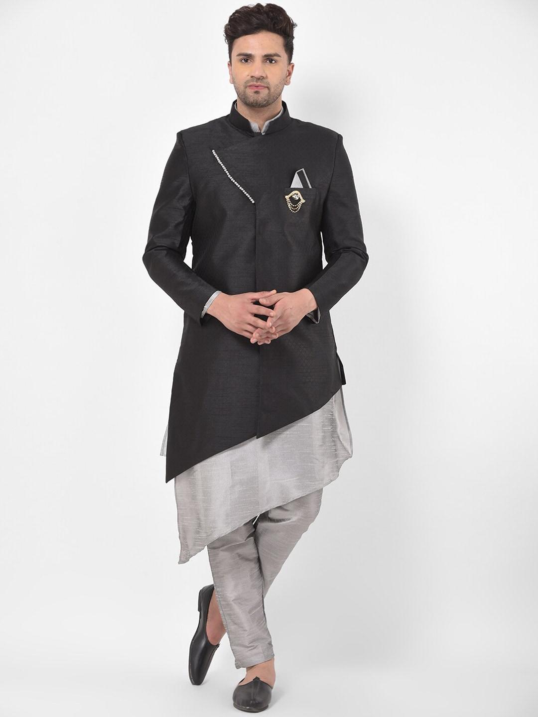 sg-rajasahab-men-black-&-grey-solid-raw-silk-sherwani-set