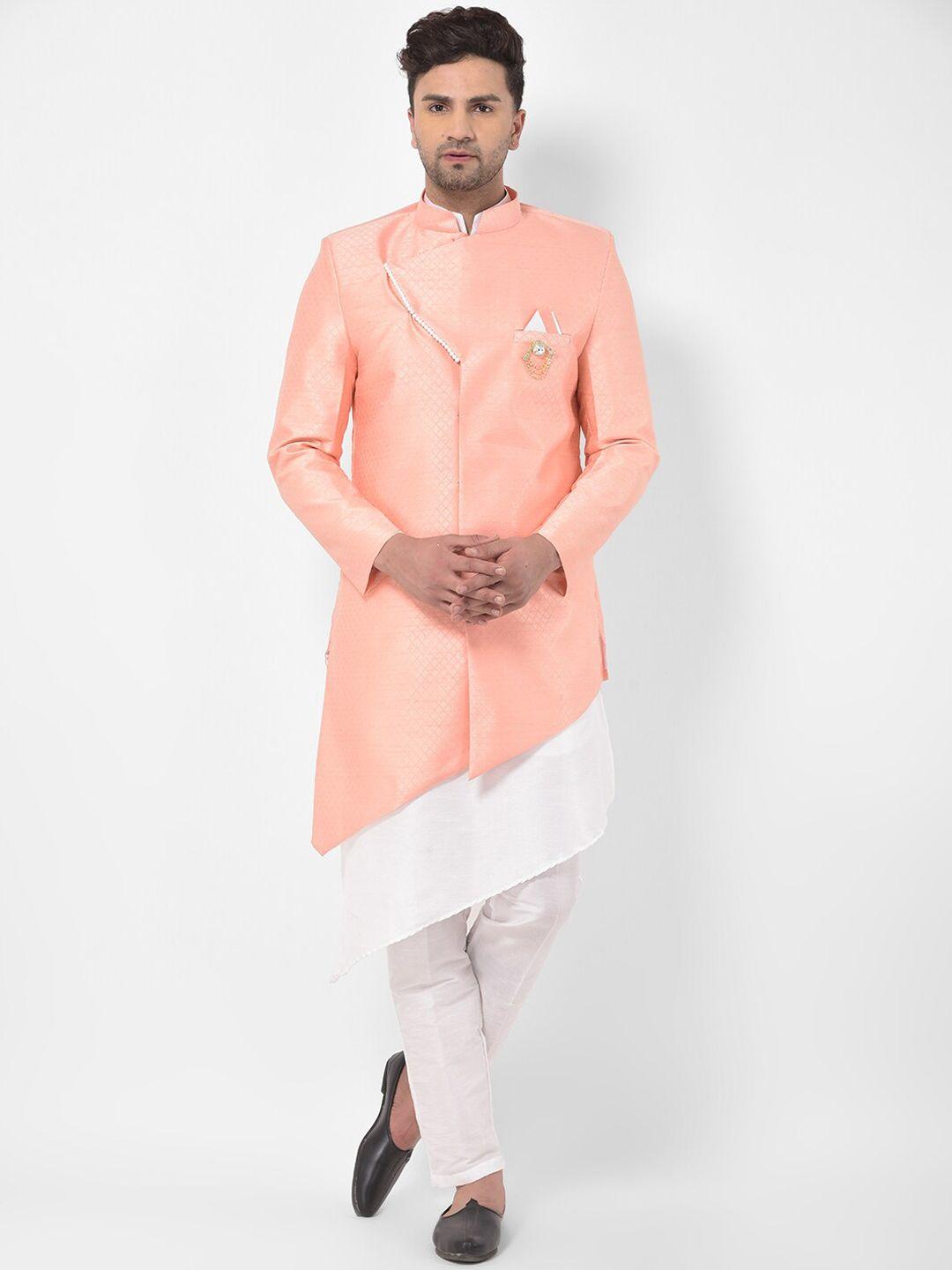 SG RAJASAHAB Men Peach-Coloured & White Solid Sherwani Set
