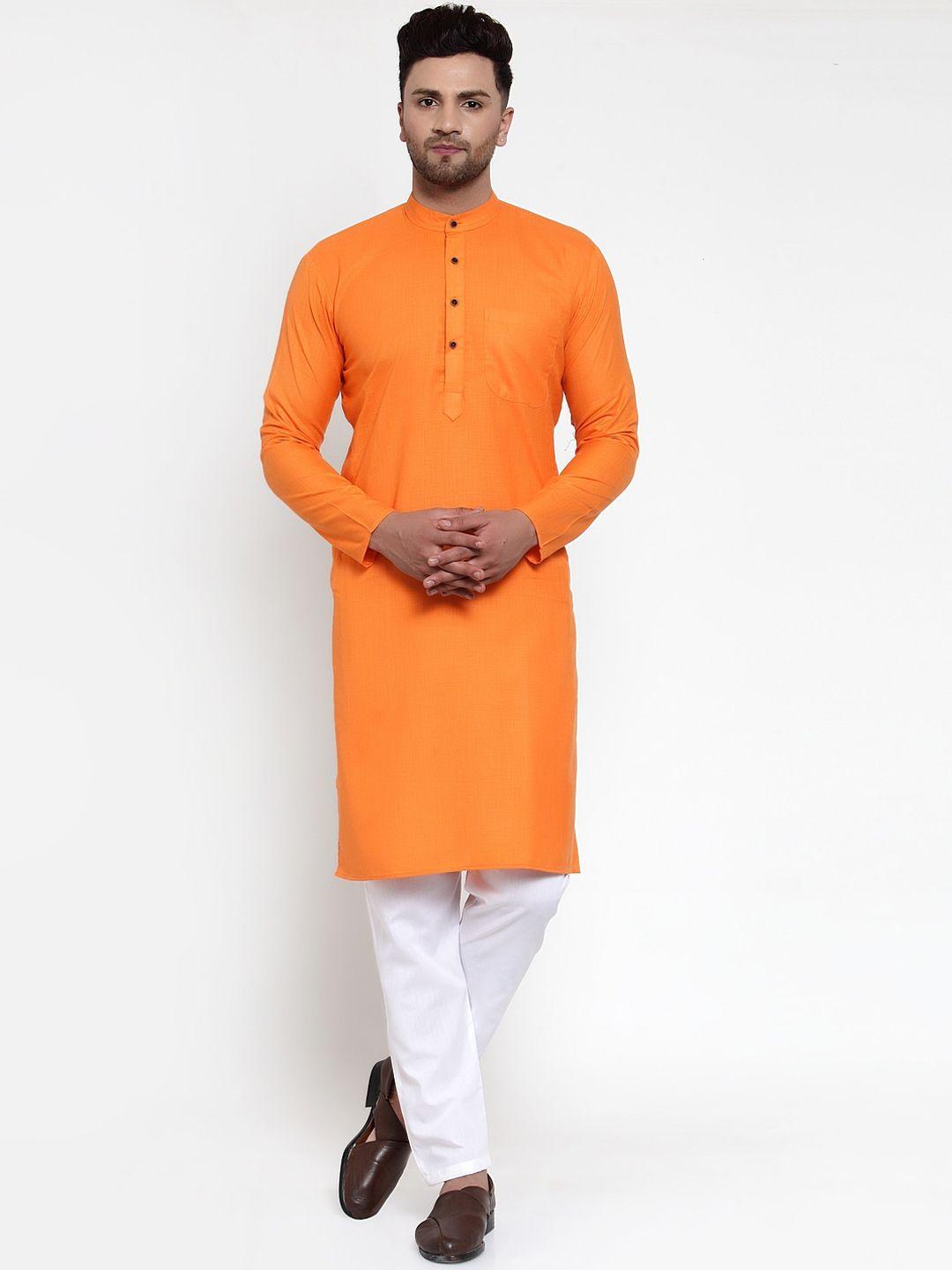 jompers-men-orange-&-white-solid-kurta-with-pyjamas