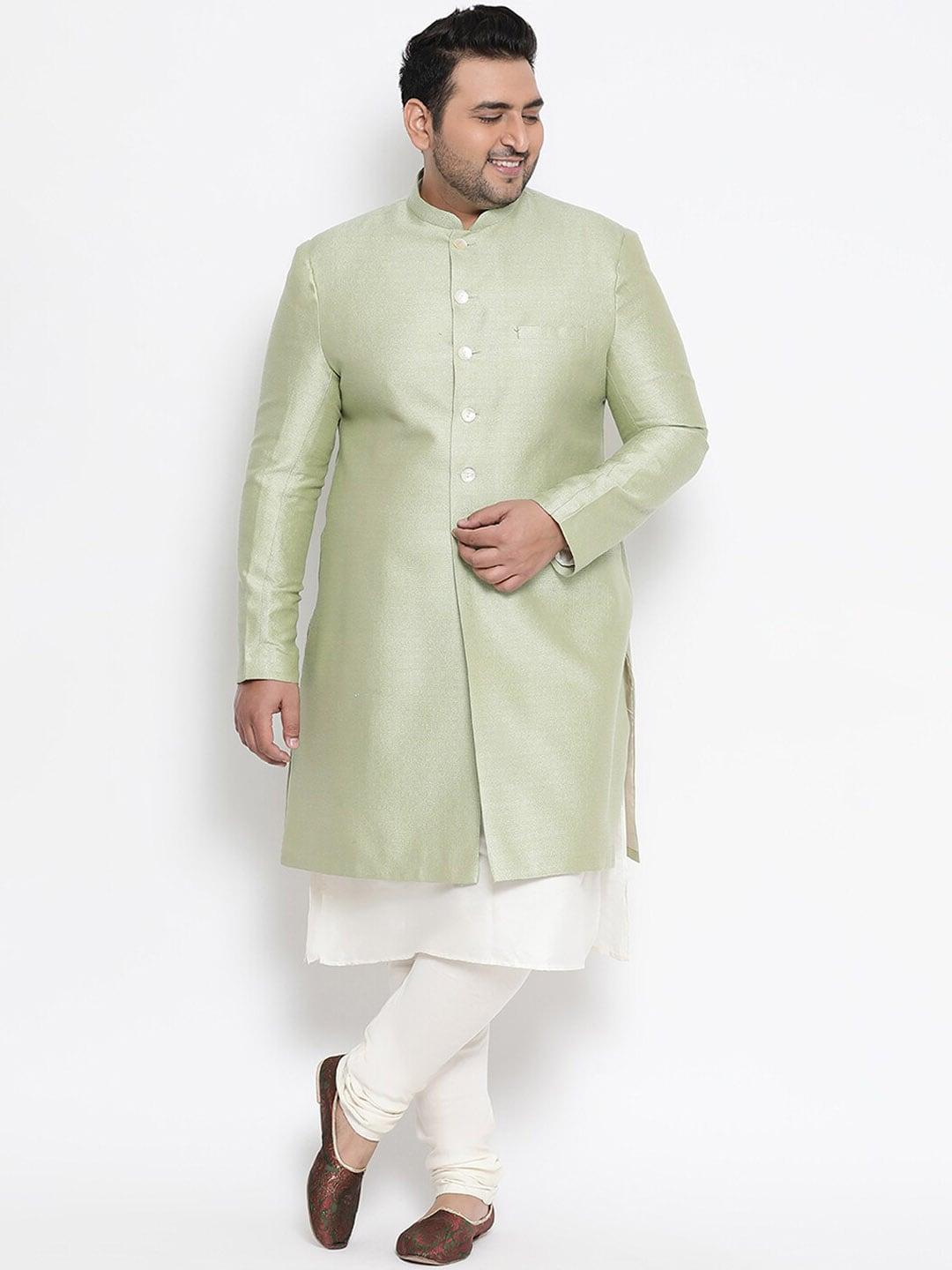 KISAH PLUS Men Green & White Solid Sherwani Set