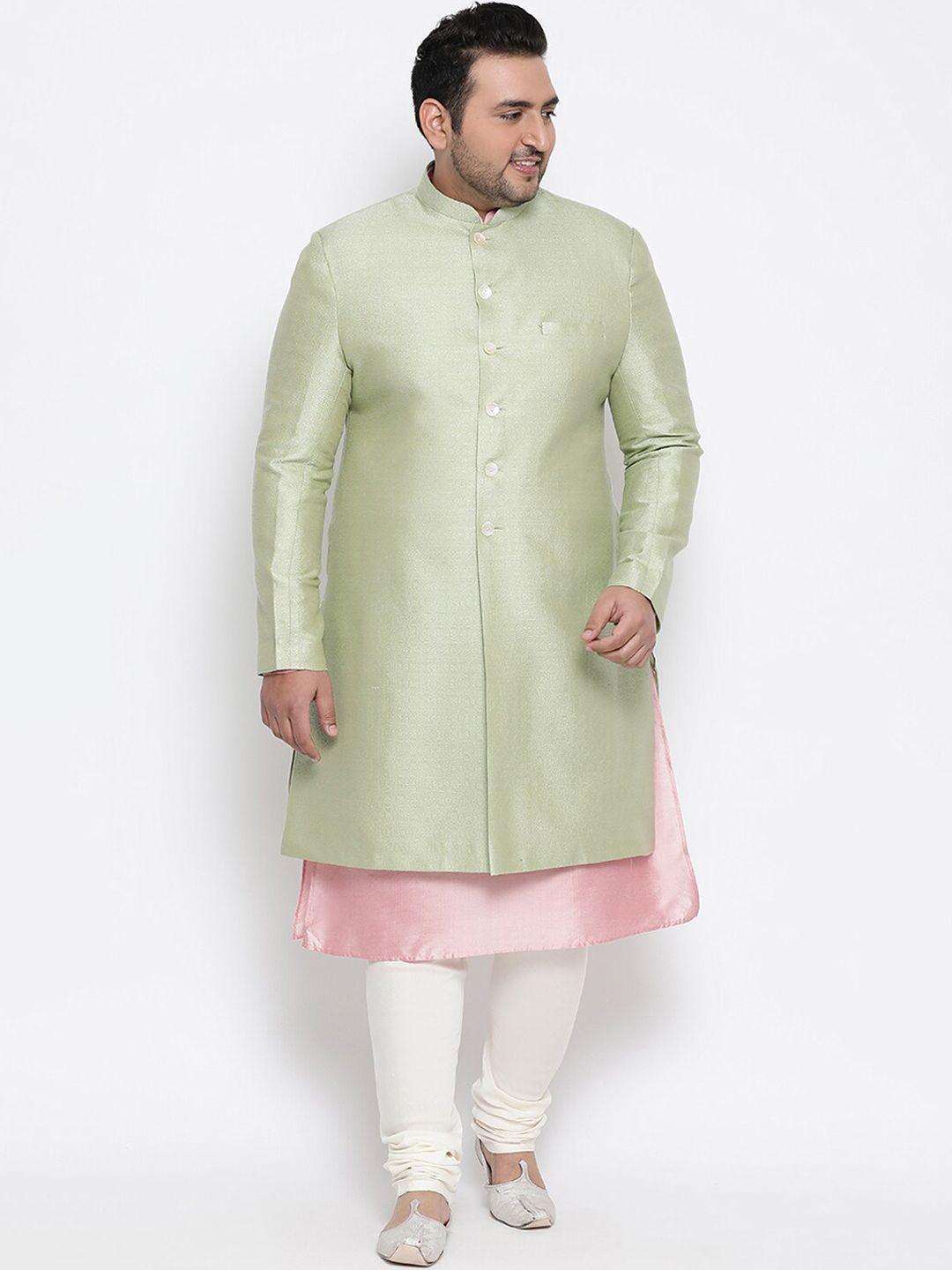 kisah-plus-men-green-&-white-solid-sherwani-set