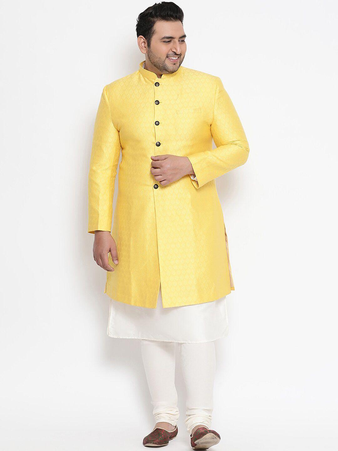 kisah-plus-men-yellow-&-white-solid-sherwani-set