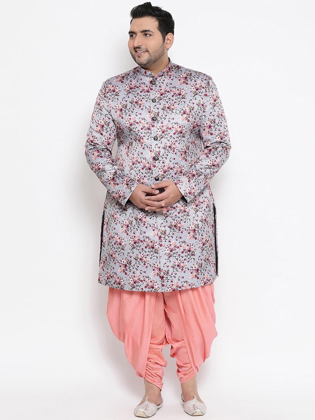 kisah-plus-men-grey-&-peach-coloured-plus-printed-sherwani-with-dhoti-pants