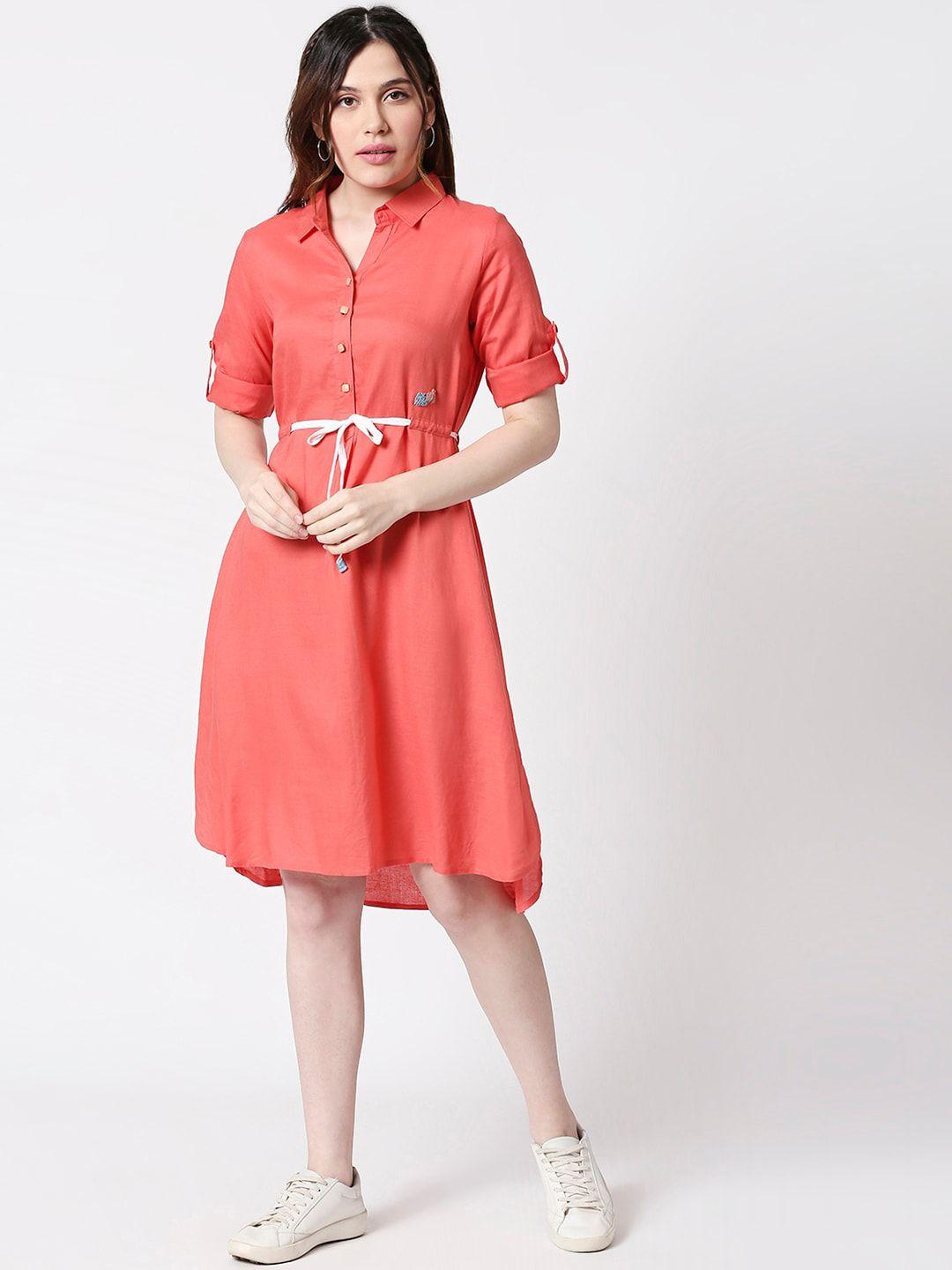 TERQUOIS Women Peach-Coloured Solid Pure Linen Shirt Dress