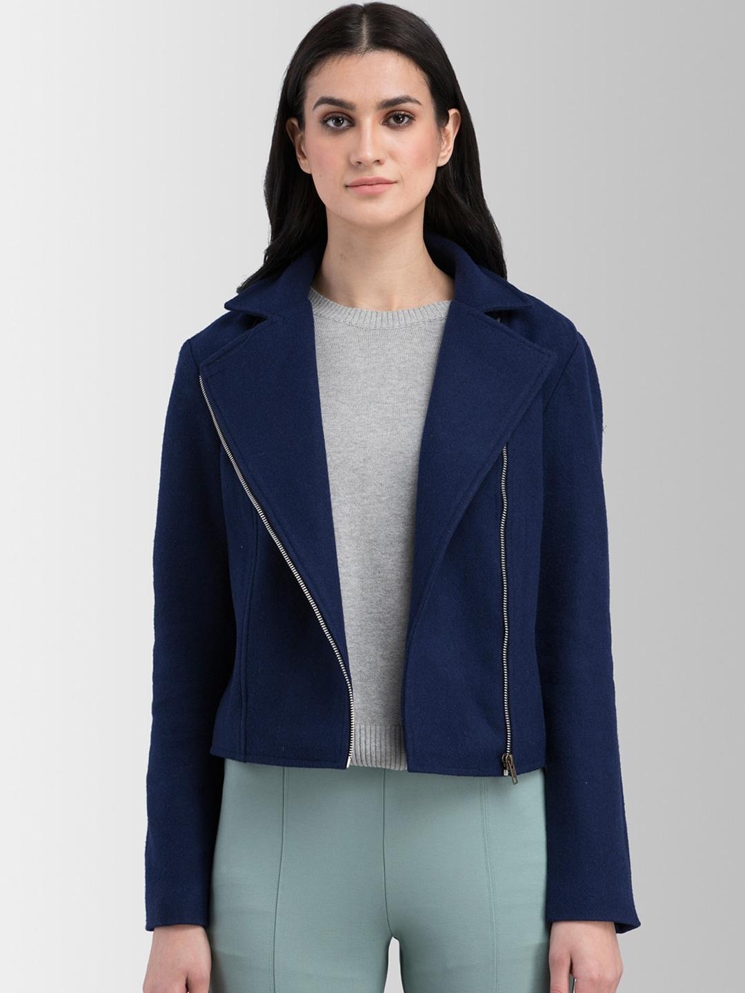 FableStreet Women Navy Blue Solid Tailored Jacket