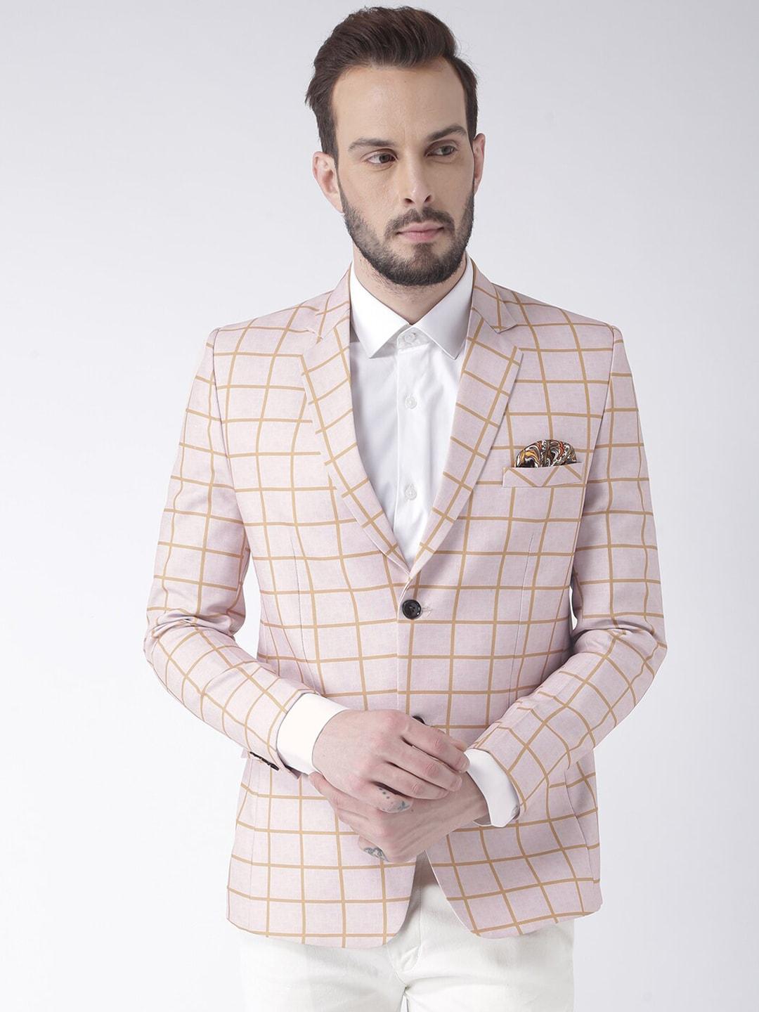 Hangup Men Pink & Beige Checked Single-Breasted Casual Blazer