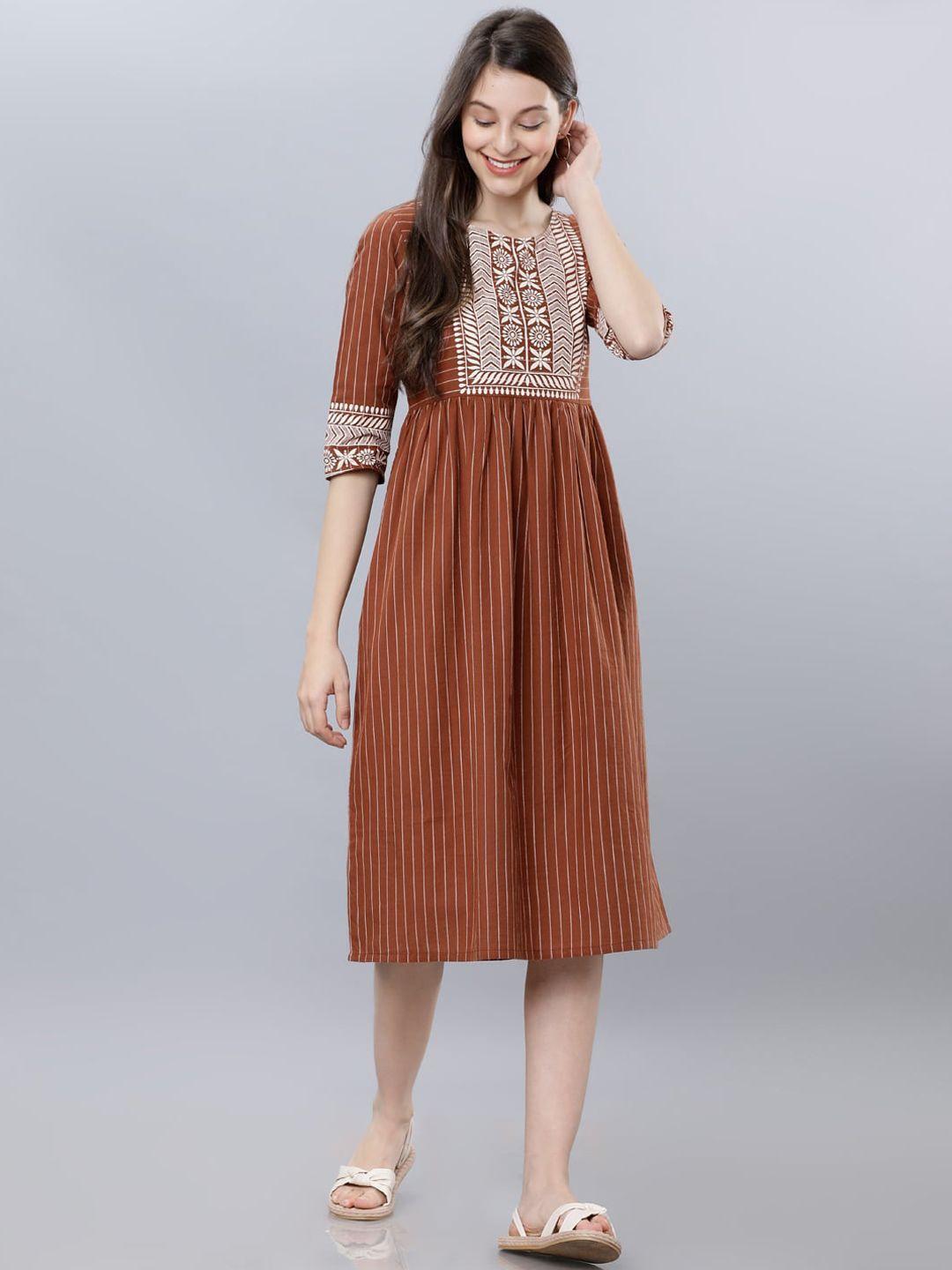 vishudh-women-brown-striped-fit-and-flare-dress