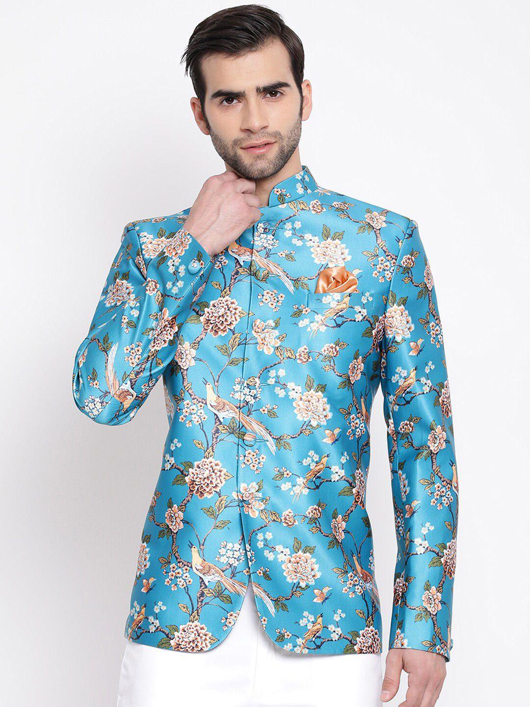 VASTRAMAY Men Turquoise Blue & Beige Printed Bandhgala Blazer