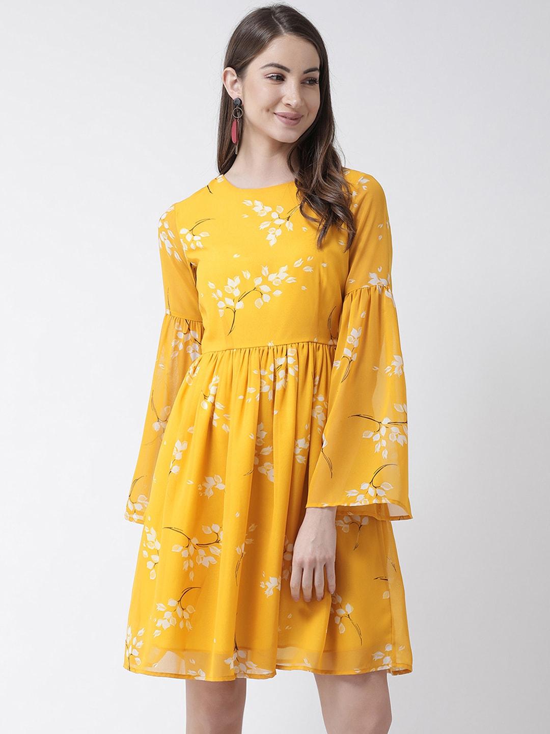 KASSUALLY Women Yellow Printed Fit and Flare Dress