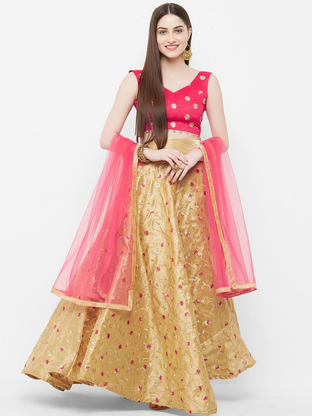 Aasvaa Beige & Pink Embroidered Semi-Stitched Lehenga & Unstitched Blouse with Dupatta