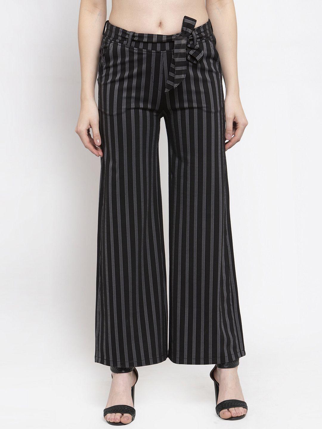 Westwood Women Black & Grey Regular Fit Striped Regular Trousers