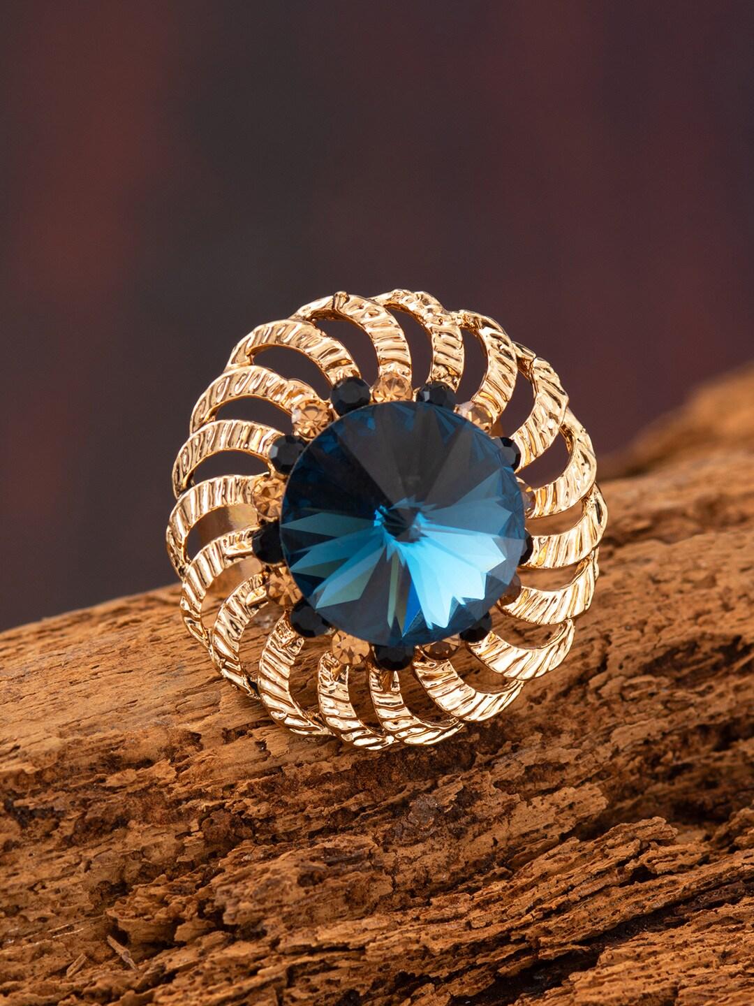 E2O Gold-Plated & Blue Stone-Studded Handcrafted Adjustable Finger Ring