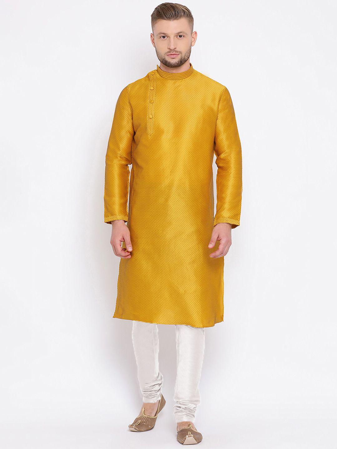 sanwara-men-yellow-&-cream-coloured-self-design-kurta-with-churidar