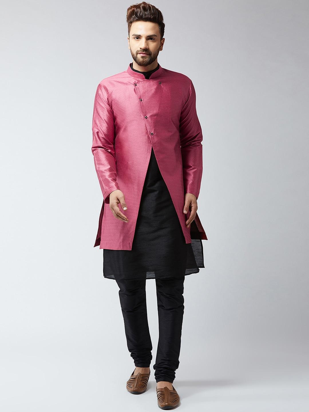 SOJANYA Men Black & Pink Self-Design Sherwani Set