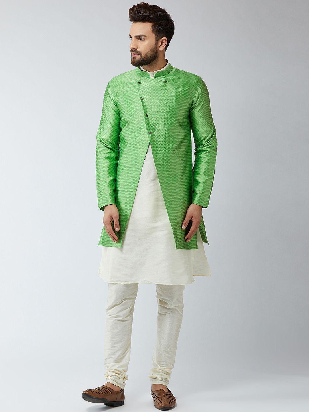 sojanya-men-off-white-&-green-self-design-sherwani-set