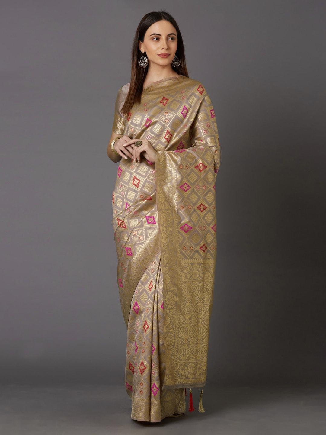 Mitera Khaki & Gold-Coloured Silk Blend Woven Design Kanjeevaram Saree