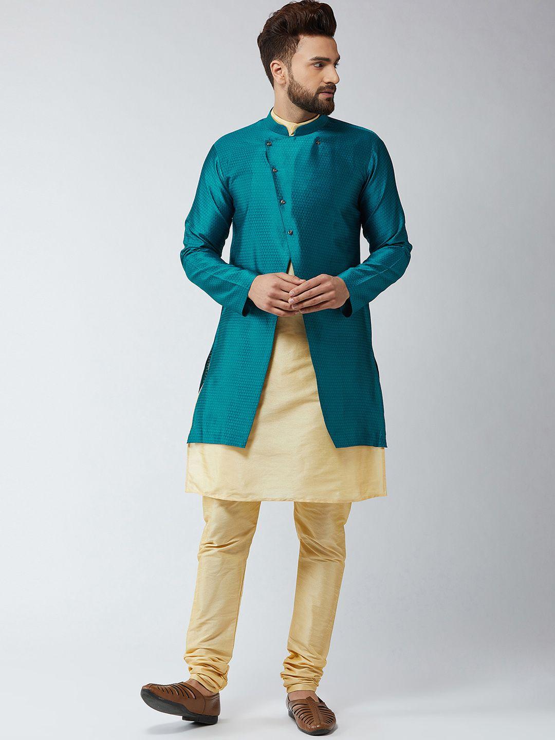 sojanya-men-gold-toned-&-peacock-blue-self-design-sherwani-set