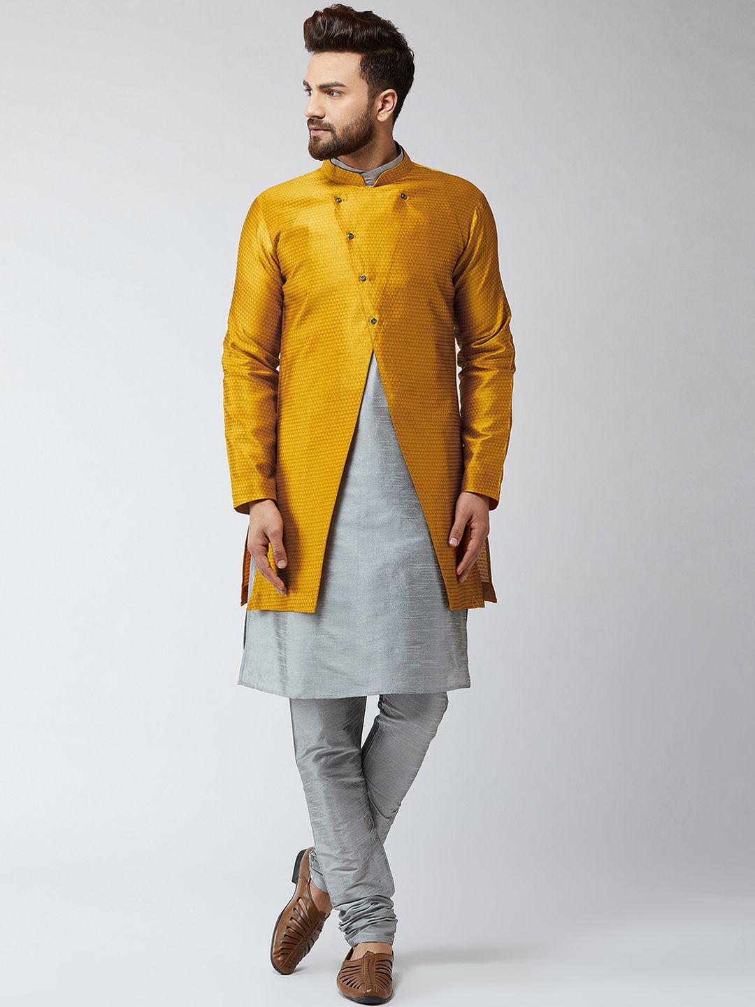 sojanya-men-grey-&-mustard-yellow-self-design-sherwani-set