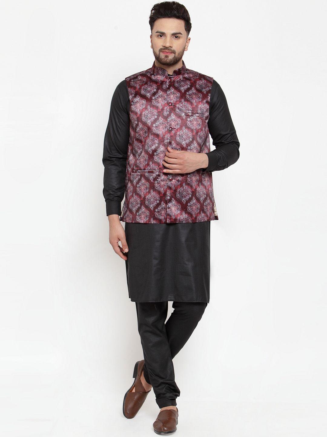 jompers-men-maroon-&-black-printed-kurta-&-churidar-with-nehru-jacket
