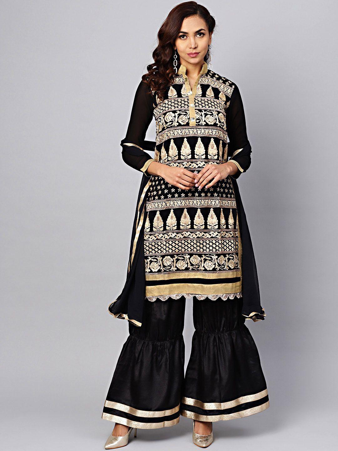 Chhabra 555 Black & Gold-Toned Poly Georgette Unstitched Dress Material