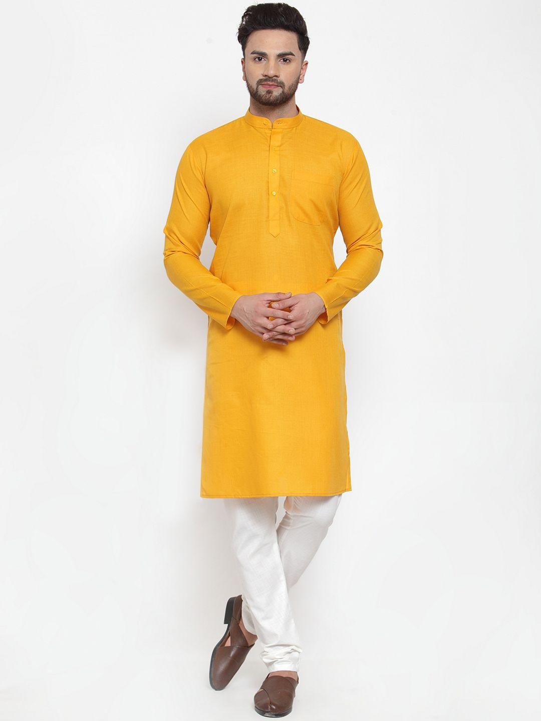 jompers-men-mustard-yellow-&-white-solid-kurta-with-churidar