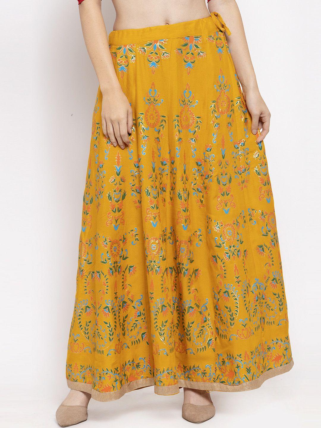 clora-creation-women-mustard-yellow-printed-flared-maxi-skirt
