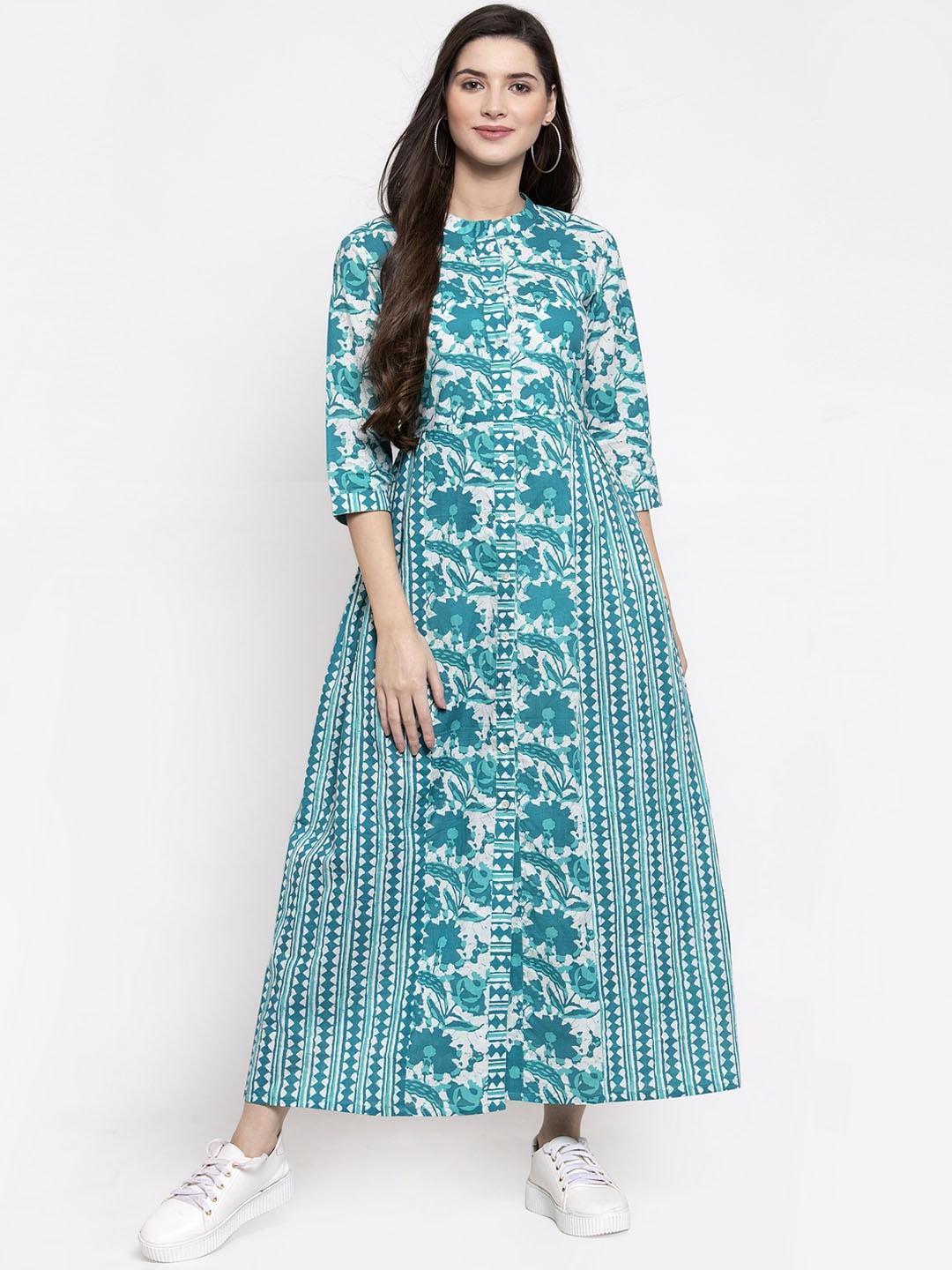 indibelle-women-turquoise-blue-&-white-printed-fit-and-flare-dress