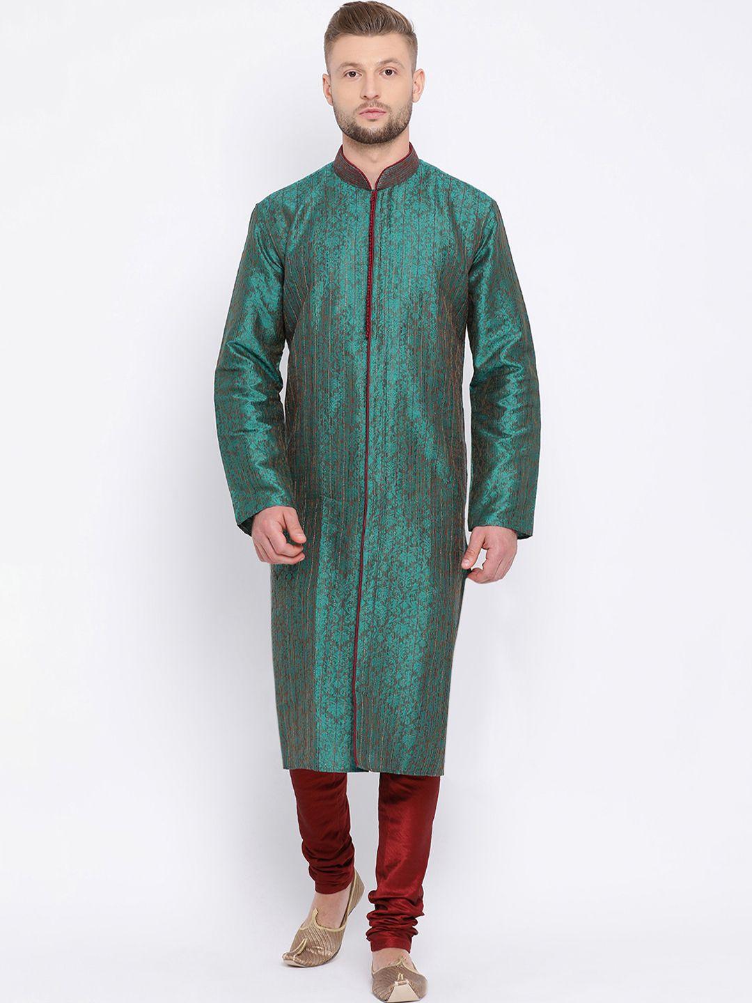 sanwara-men-green-&-red-self-design-kurta-with-churidar