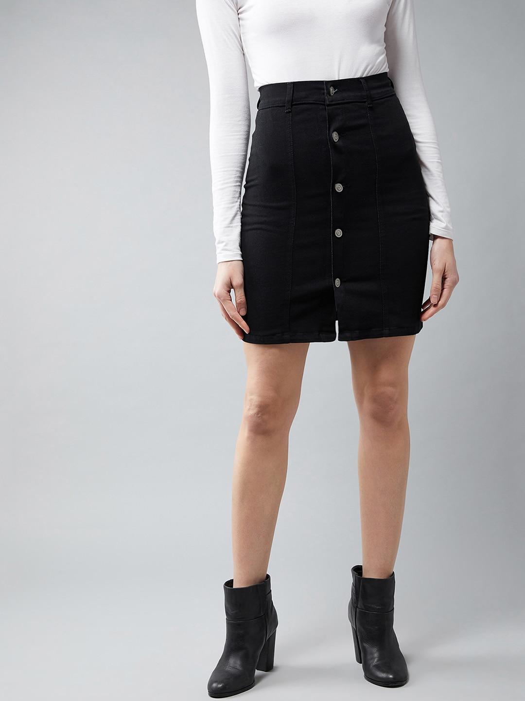 DOLCE CRUDO Women Black Solid Over The Knee Denim Stretchable Pencil Mini Skirt