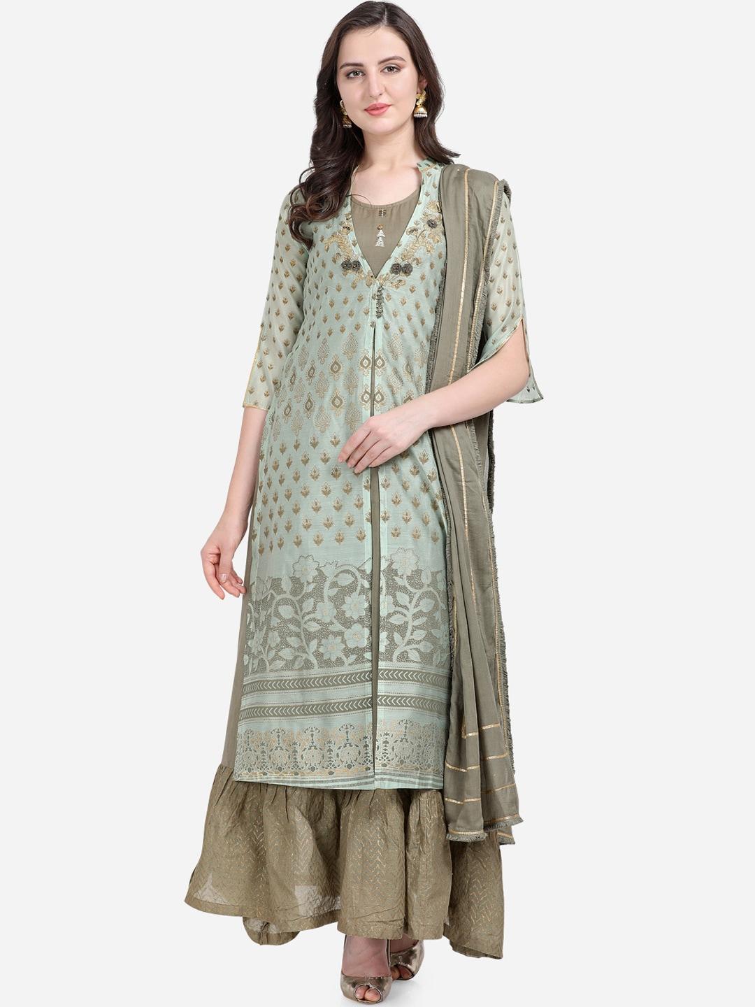 Stylee LIFESTYLE Green & Gold-Toned Chanderi Silk Semi-Stitched Dress Material