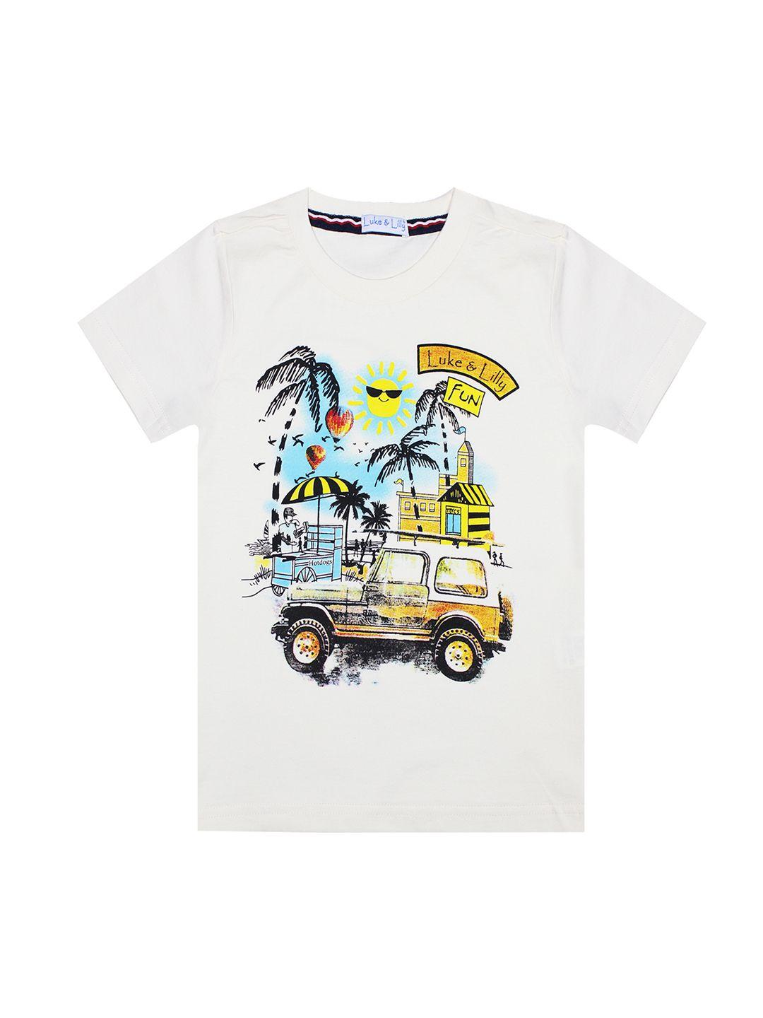 Luke  Lilly Boys Off-White  Yellow Printed Round Neck Pure Cotton T-shirt