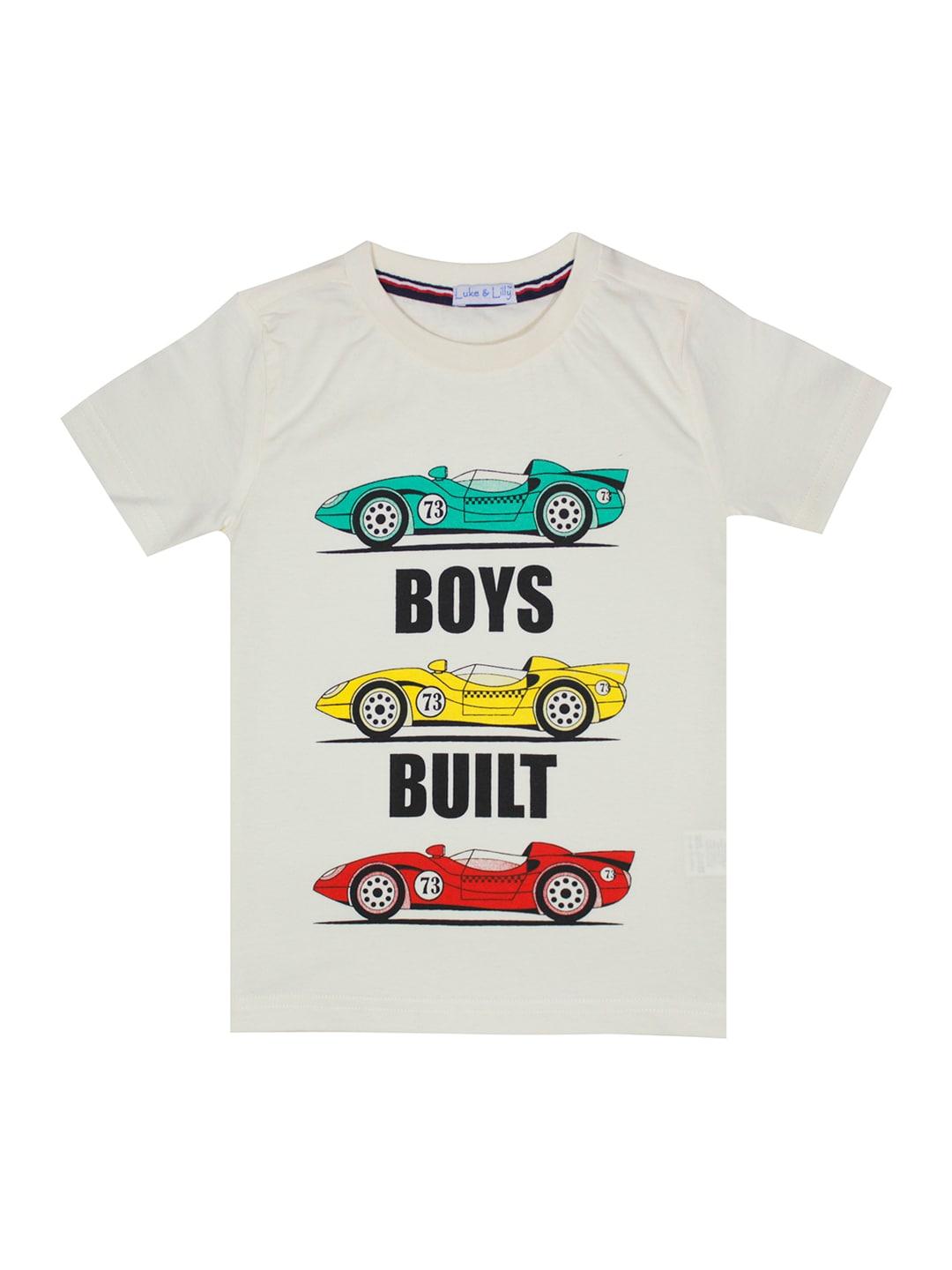 Luke  Lilly Boys Off-White Printed Round Neck Pure Cotton T-shirt