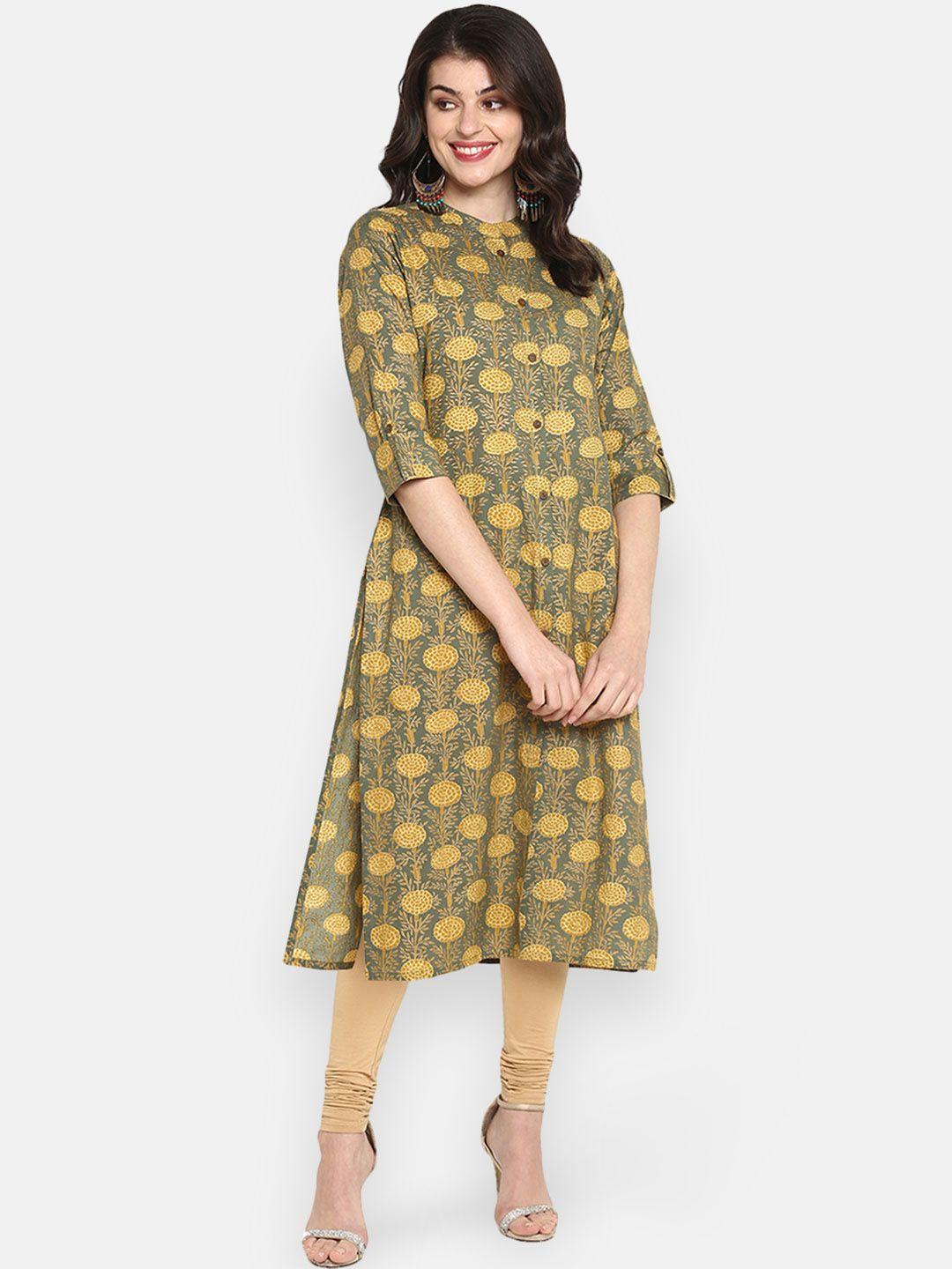janasya-women-olive-brown-&-yellow-printed-straight-kurta