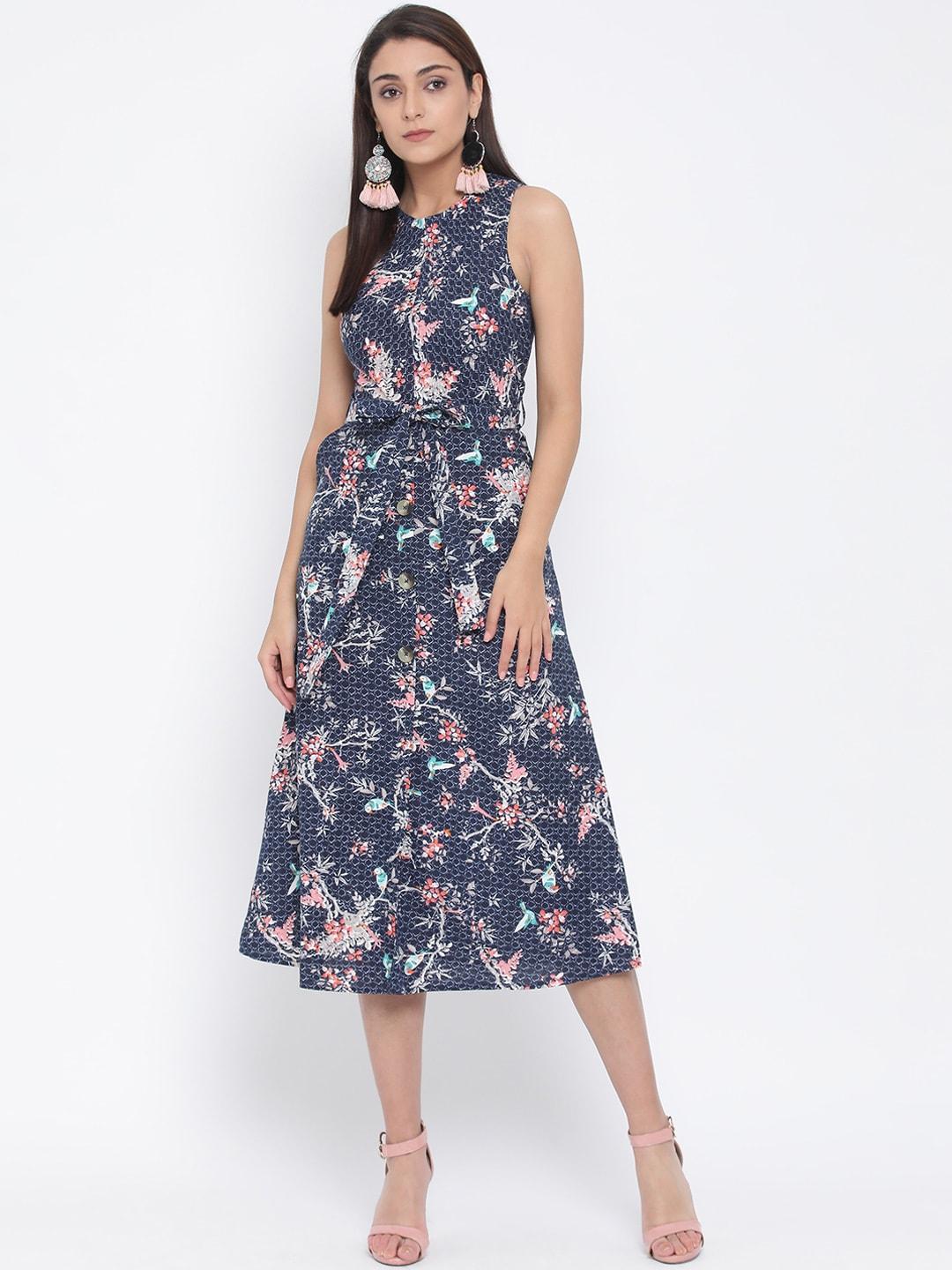 oxolloxo-women-navy-blue-printed-fit-and-flare-dress