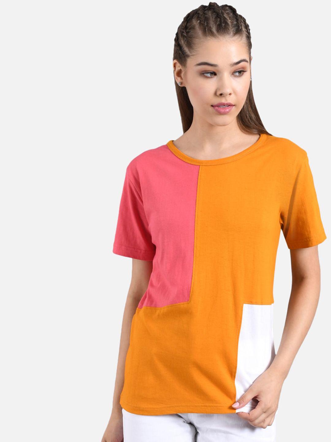 kotty-women-orange-&-pink-colourblocked-round-neck-t-shirt
