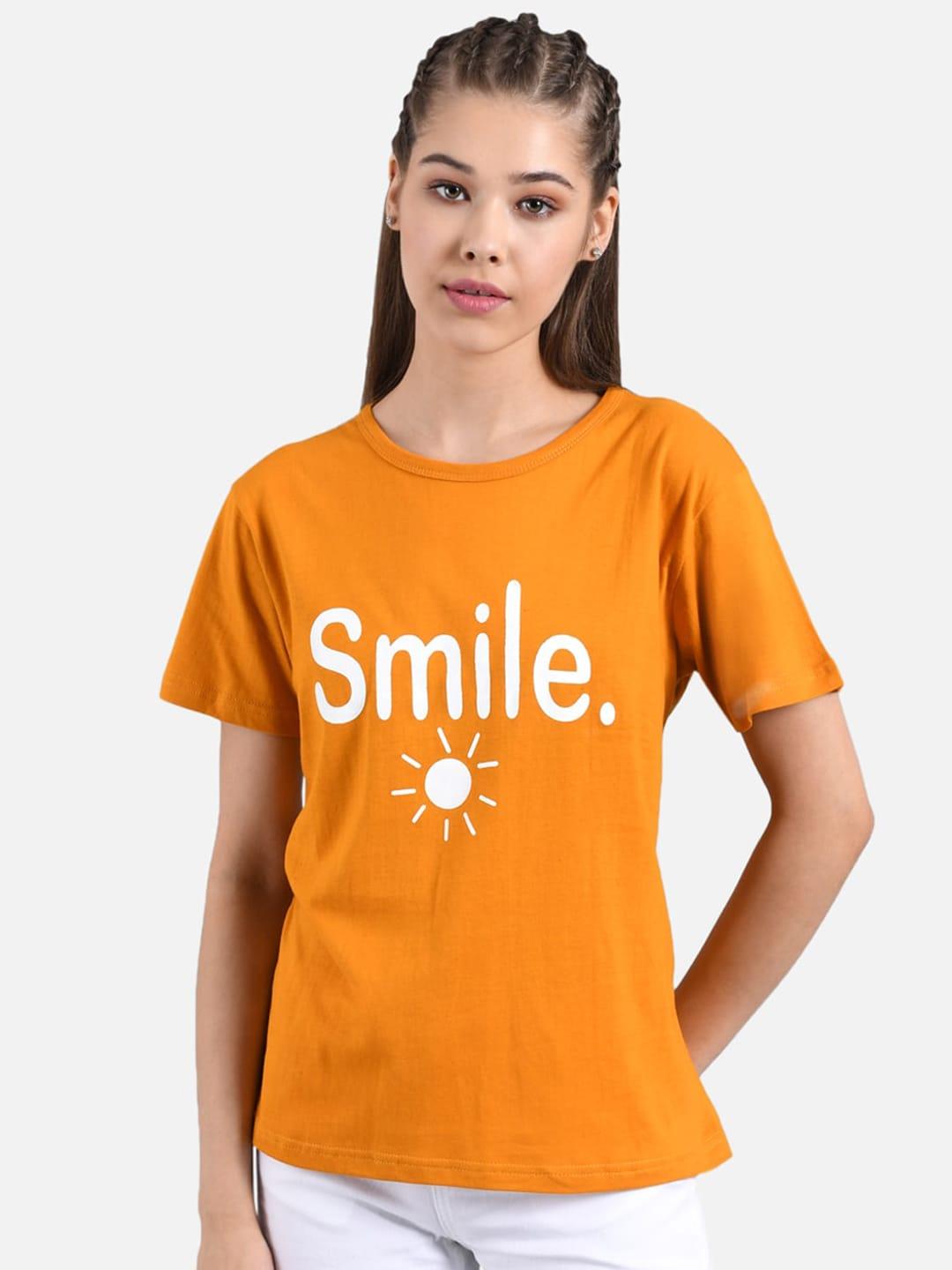 kotty-women-orange-&-white-printed-round-neck-t-shirt
