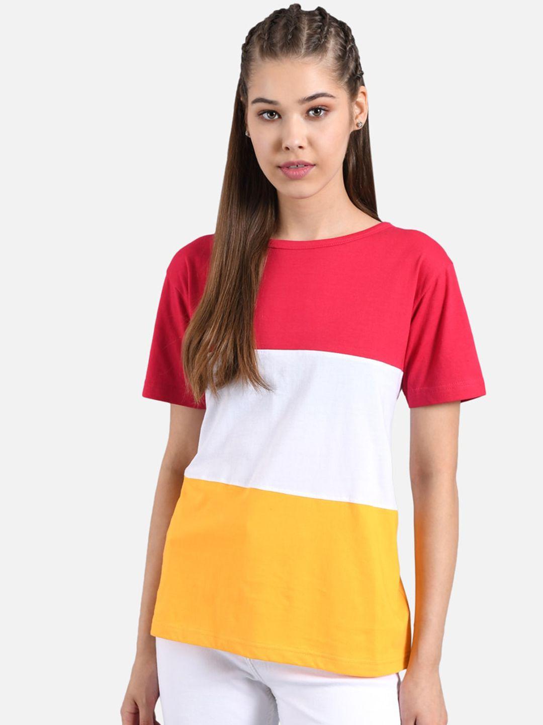 kotty-women-pink-&-yellow-colourblocked-round-neck-t-shirt